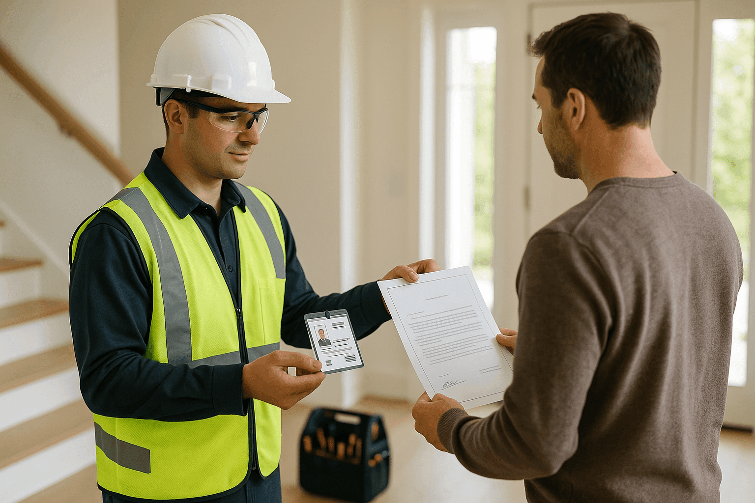 Electrician showing credentials and certifications to homeowner