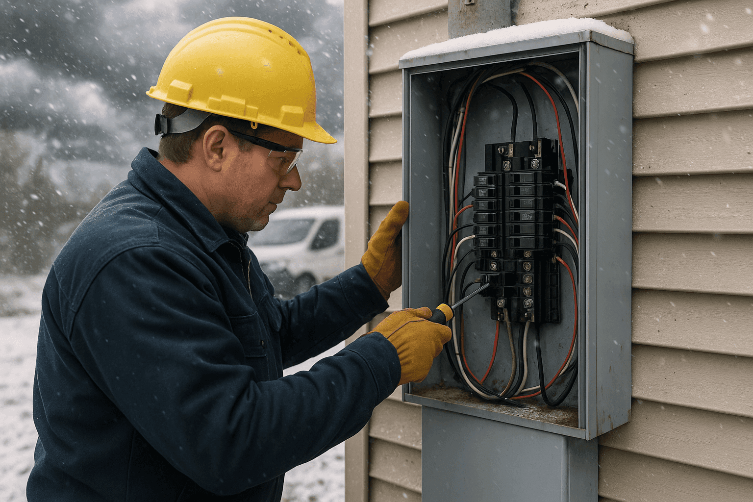 Electrician inspecting outdoor electrical panel during winter storm preparation
