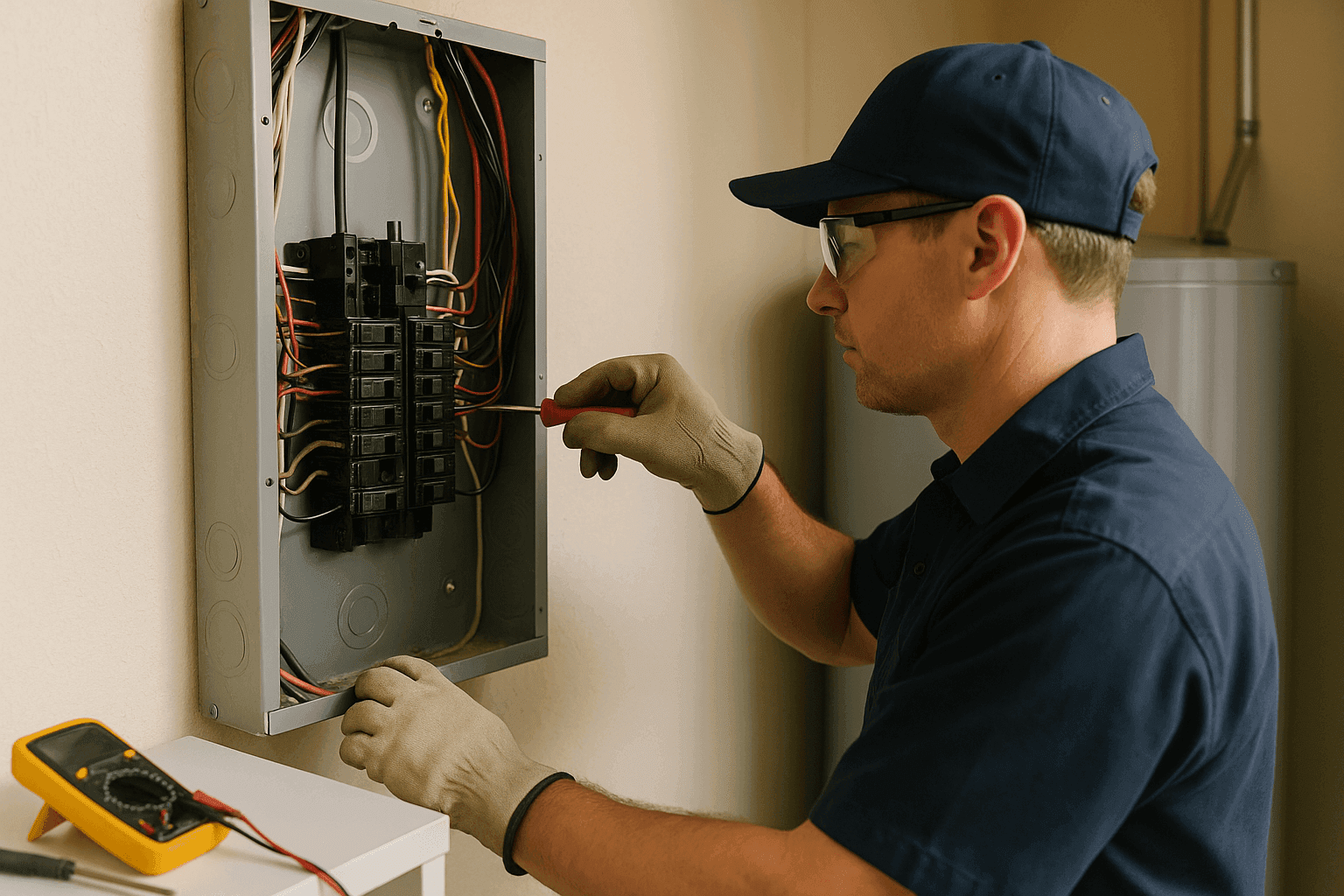 Electrician upgrading a home electrical panel safely